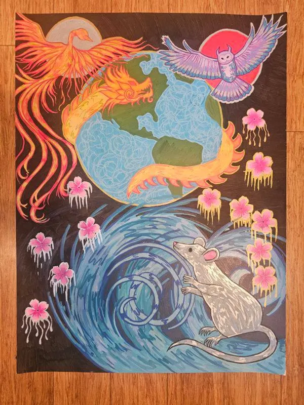 A phoenix and owl orbit a glowing Earth as a white rat watches from below amid cherry blossoms