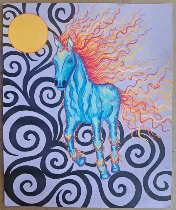 A teal horse with a blazing fire mane gallops through black spiral clouds beneath a golden sun