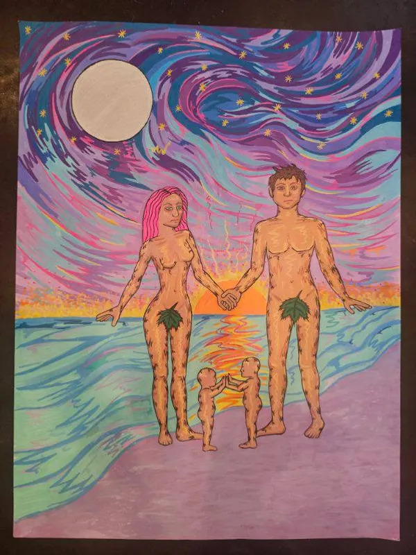 Two figures hold hands with two small children on a beach beneath a swirling cosmic sky