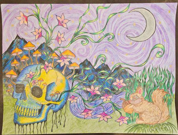A melting skull crowned with mushrooms rests in a moonlit valley beside a sleeping fox