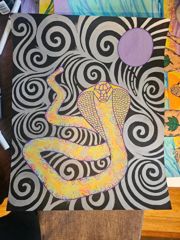 A cobra coils in a hypnotic swirl of black and silver beneath a purple moon